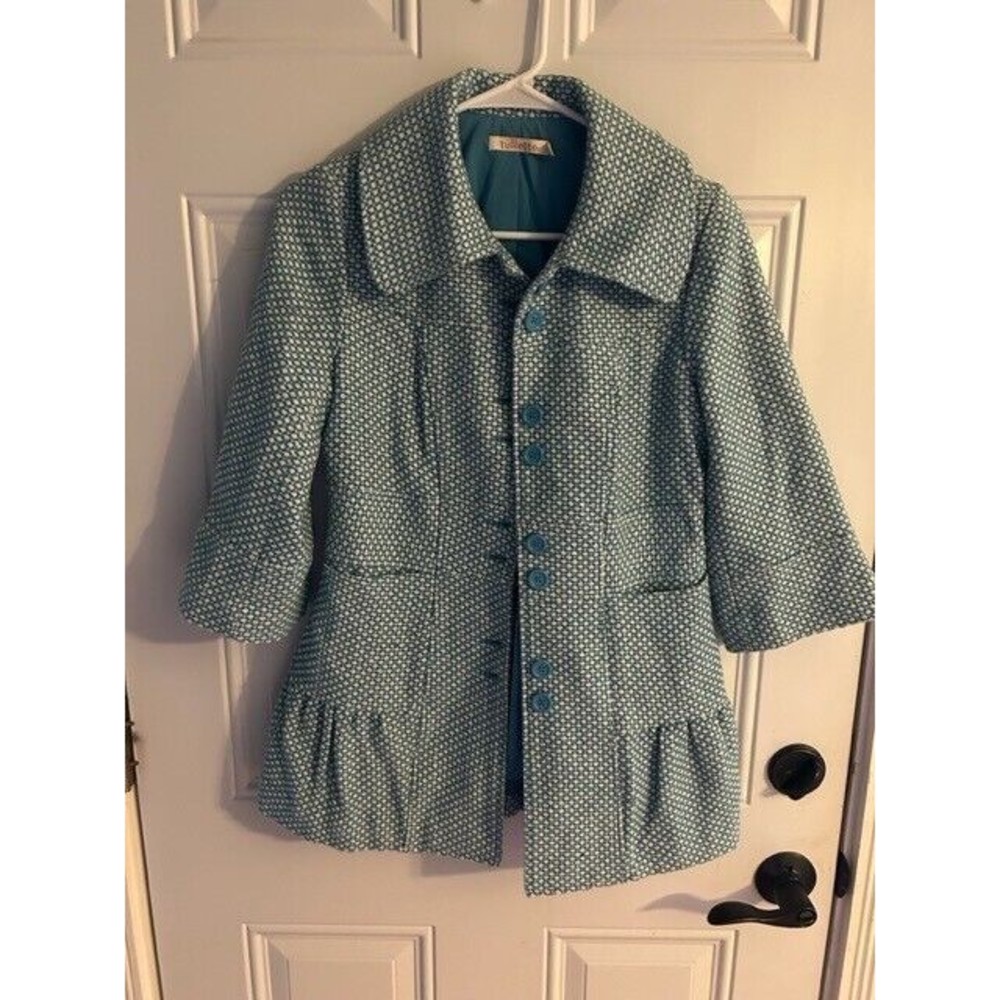 Tullette Coat Womens Size Small Blue and White Jacket 3/4 Sleeve Peplum No Flaws